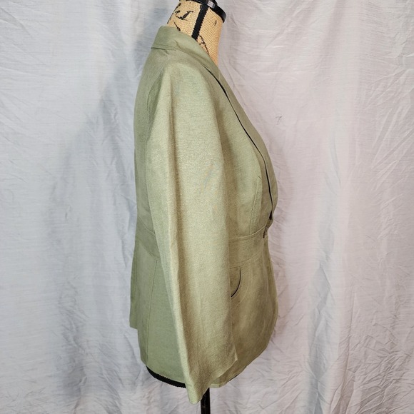 KASPER Size 8P Green Linen Blend One Button Blazer Jacket Office Professional - Picture 4 of 14